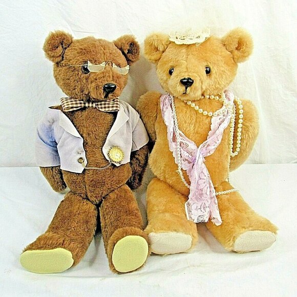 Vintage Teddy Bears Couple Jointed Male Female Plush Brown 20"
